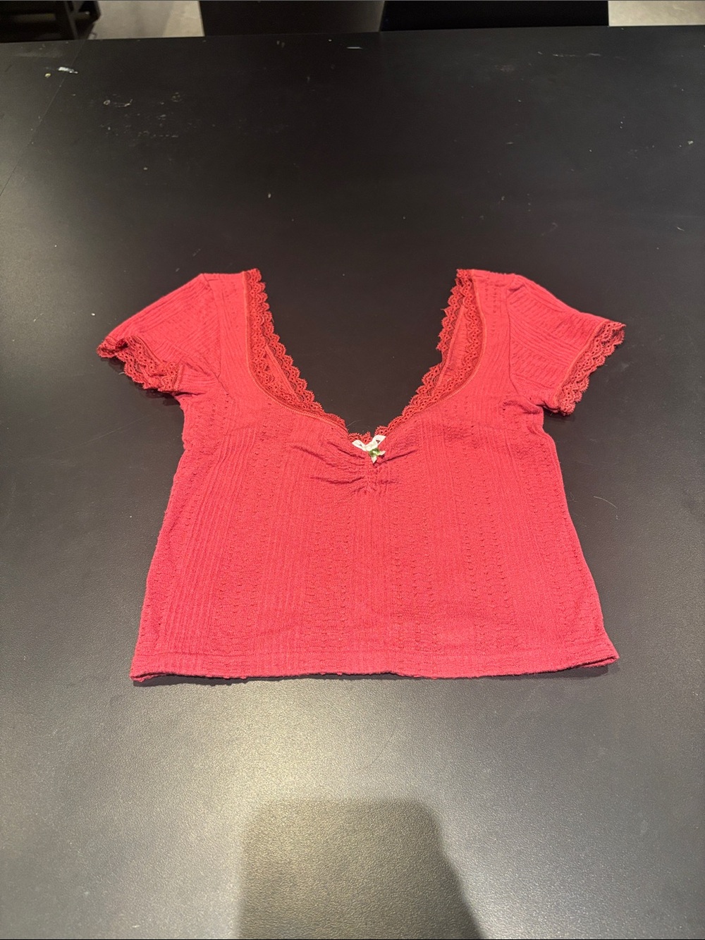 Urban Outfitters Red Lace-Trim Short Sleeve V-Neck Top